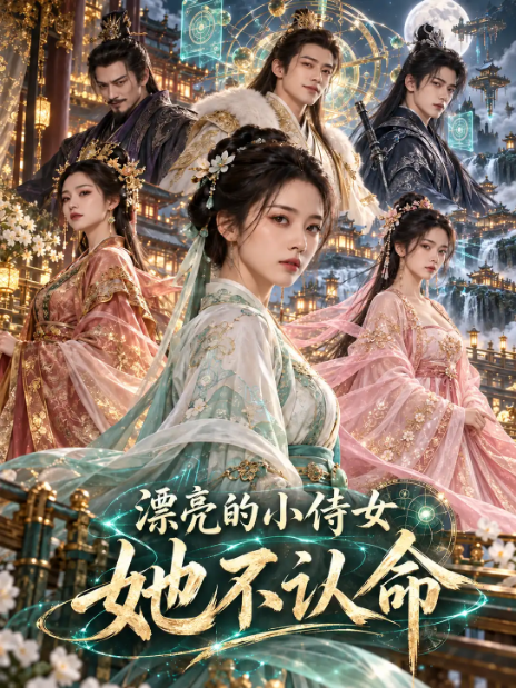 古装短剧海报，一位蓝衣少女被众人环绕