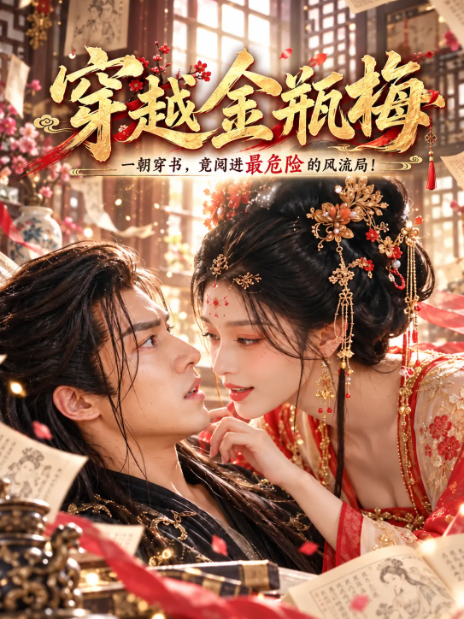 穿越题材短剧海报，男女主角在古典书房里对视