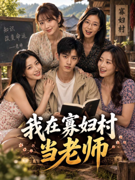 短剧海报，乡村背景下一男四女围坐读书