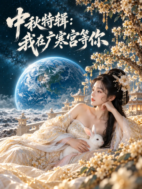 短剧海报，白衣女子倚在月宫梦境中抱着兔子